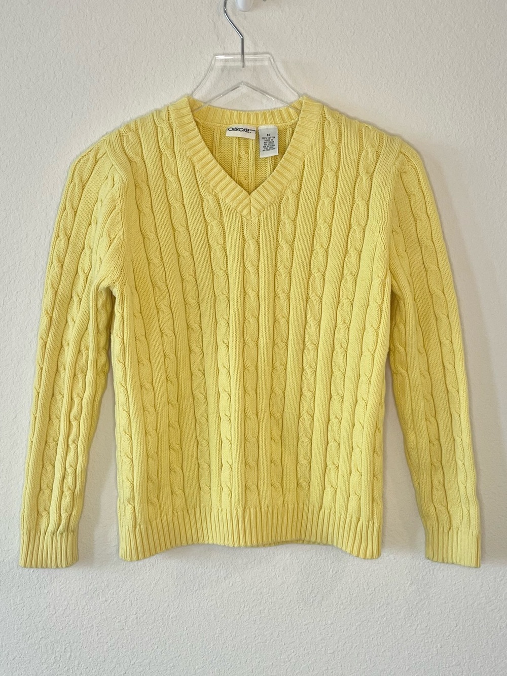 Cherokee Pale Yellow Cable Knit V-Neck Sweater Vintage 100% Cotton
